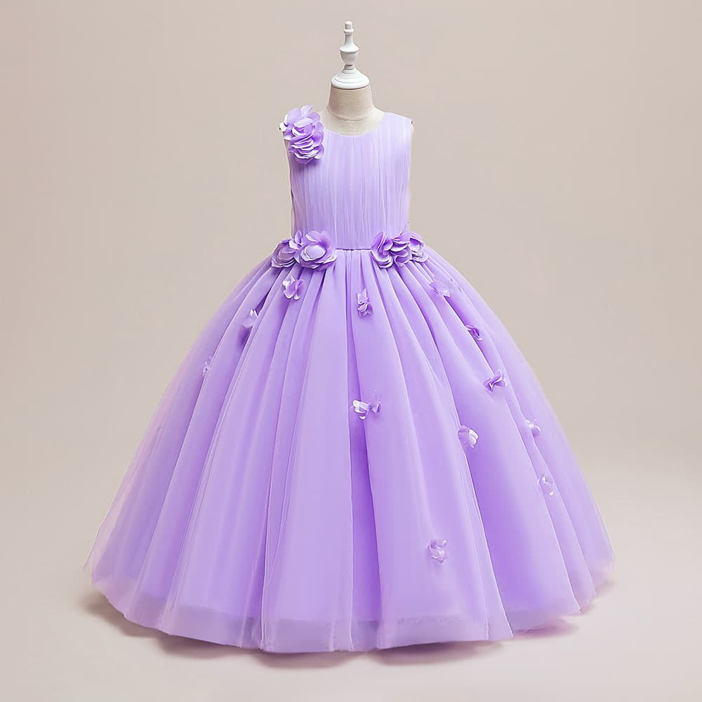 ピアノ発表会ドレス 結婚式用 キッズドレス ピアノ発表会用ドレス 花飾り付きロング丈 子供用正装 3色展開 誕生日