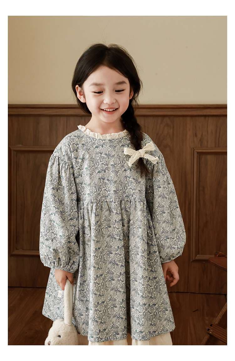 キッズドレス  花柄フリル襟リボン付きキッズワンピース