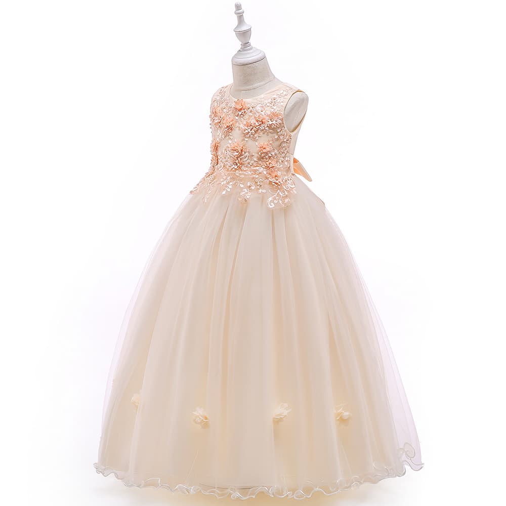 ピアノ発表会ドレス 結婚式用 キッズドレス 花飾り付き子供正装用長袖ドレス 4色展開
