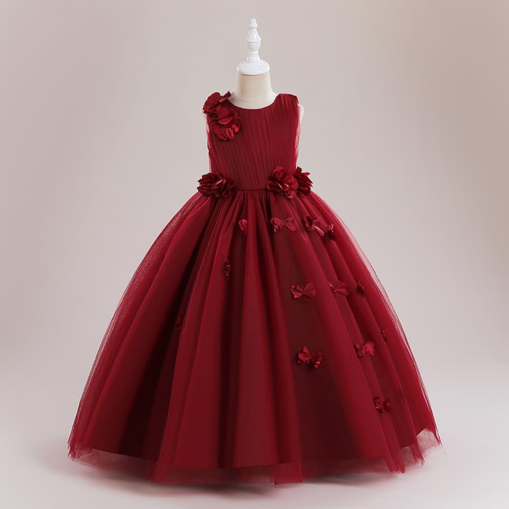 ピアノ発表会ドレス 結婚式用 キッズドレス ピアノ発表会用ドレス 花飾り付きロング丈 子供用正装 3色展開 誕生日