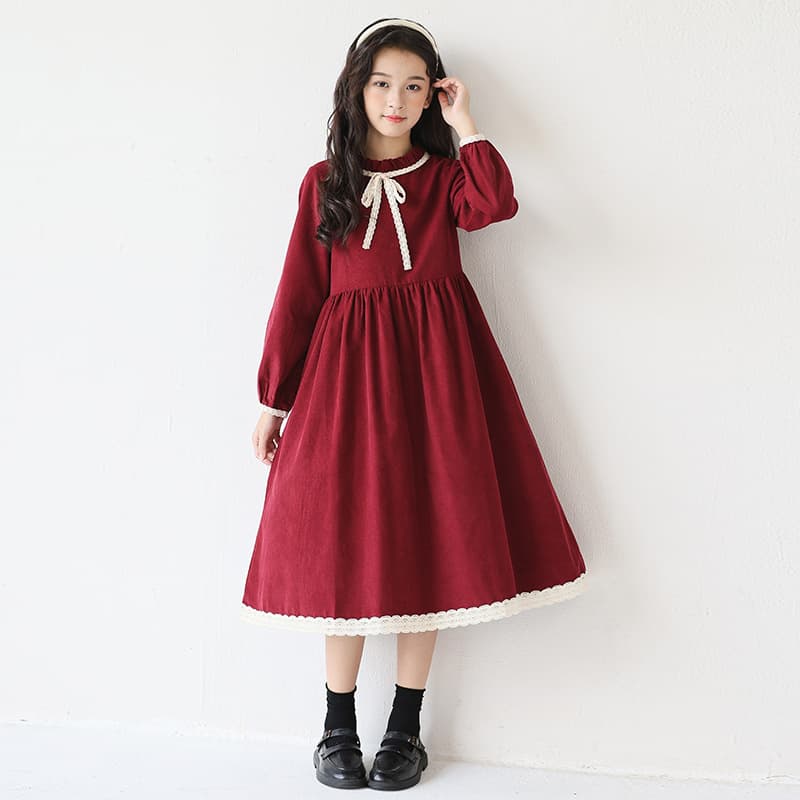 キッズドレス レトロリボン付き長袖レースワンピース