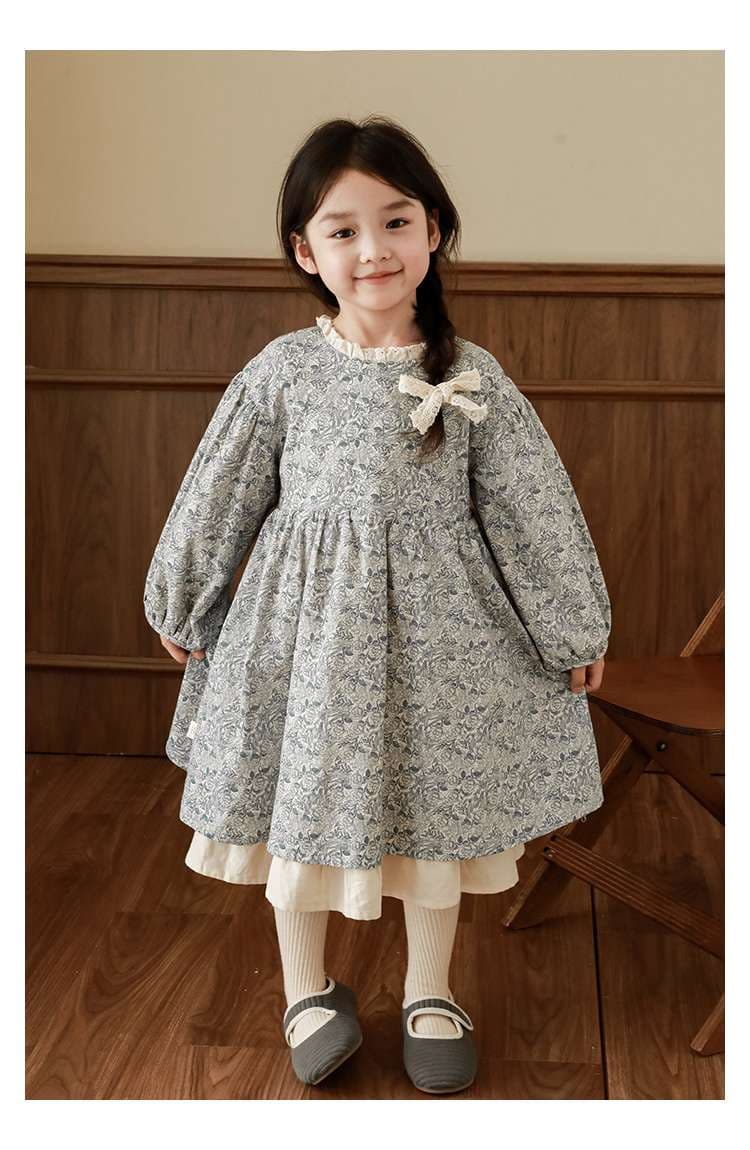 キッズドレス  花柄フリル襟リボン付きキッズワンピース