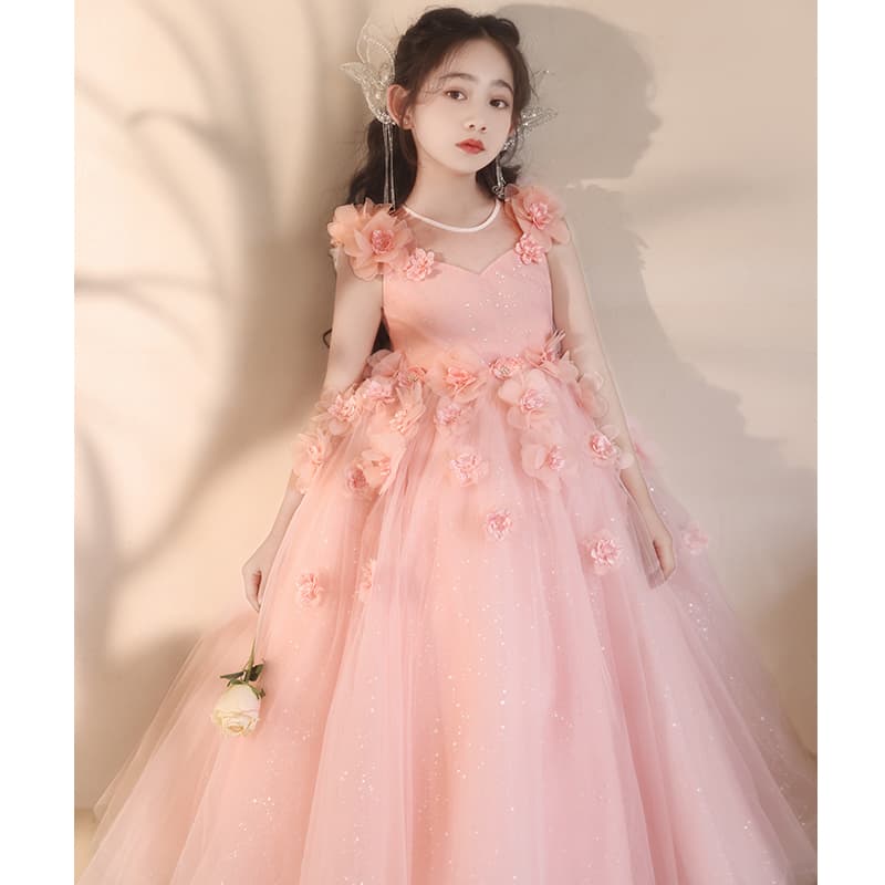 キッズドレス 花飾り付きキラキラふんわりドレス
