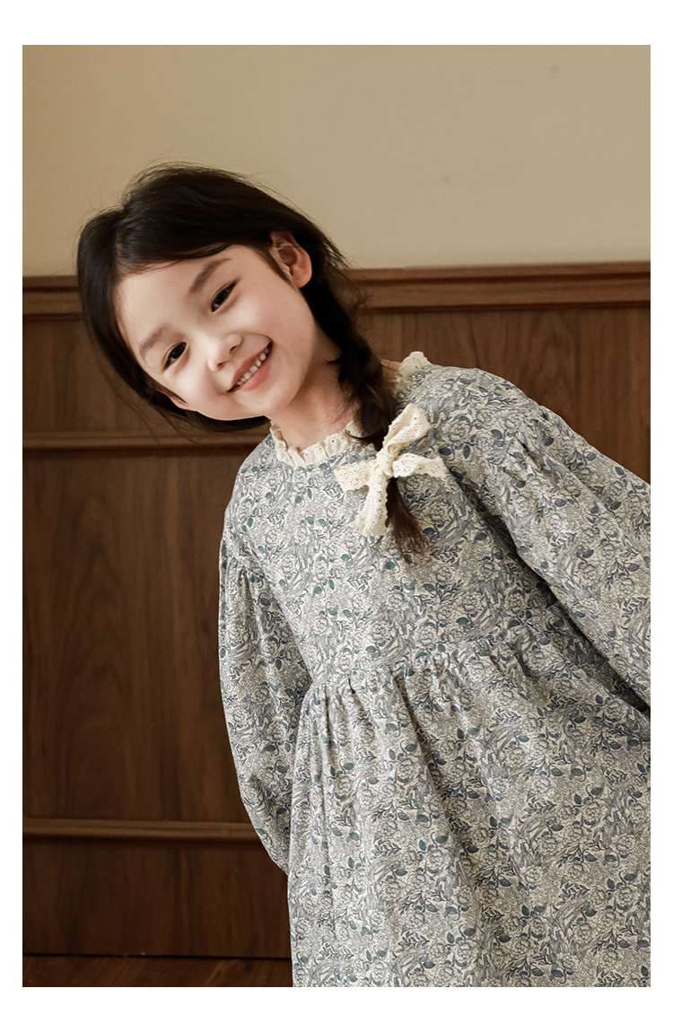 キッズドレス  花柄フリル襟リボン付きキッズワンピース
