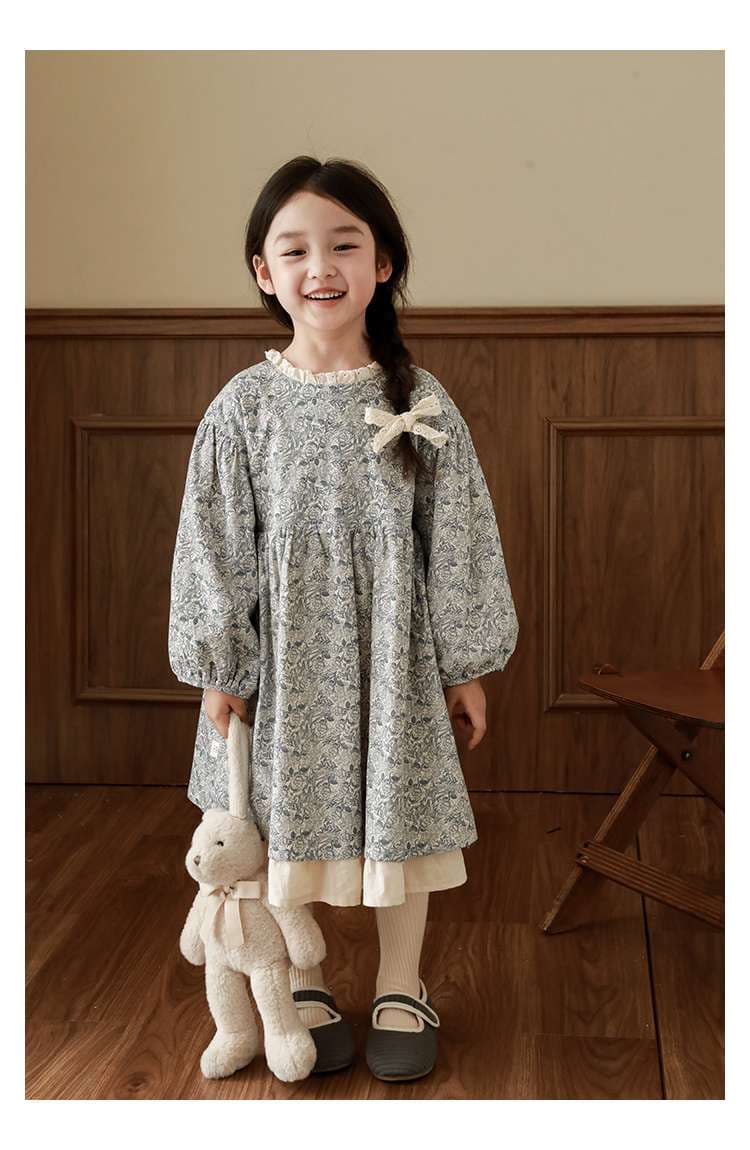 キッズドレス  花柄フリル襟リボン付きキッズワンピース