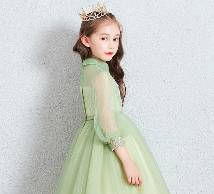 ピアノ発表会ドレス 女の子 シアー素材に胸元と袖の刺繍が魅力 プリンセス風 子供ドレス