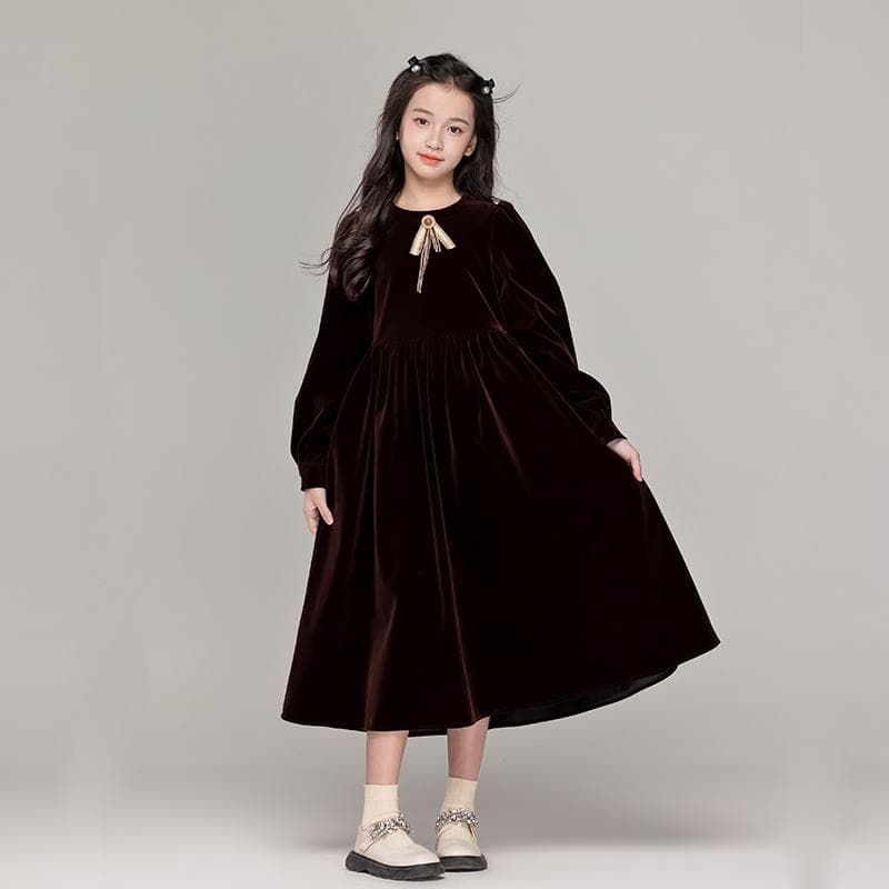 キッズドレス リボン付き長袖ギャザーワンピース