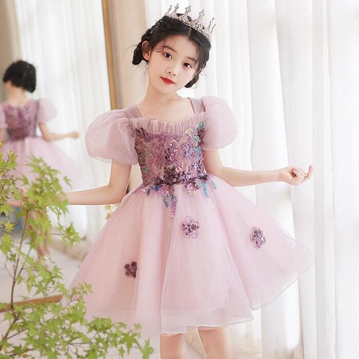 ピアノ発表会 結婚式用 子どもドレス キラキラチュール パフスリーブ 子どもドレス