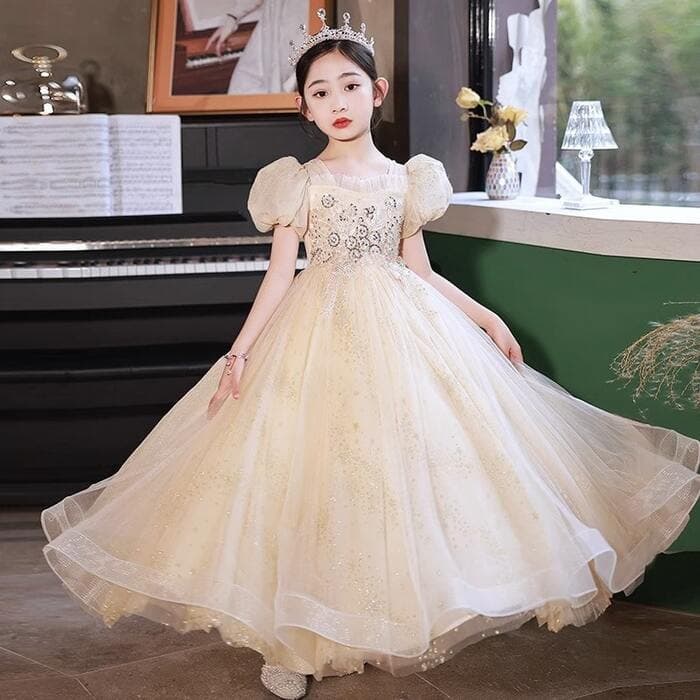 ピアノ発表会 結婚式用 子どもドレス キラキラチュール パフスリーブ 子どもドレス