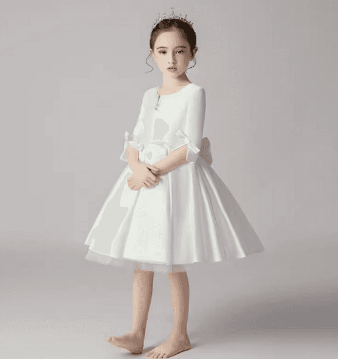 ピアノ発表会 結婚式用 子どもドレス ショート丈 リボン付きサテン子どもドレス