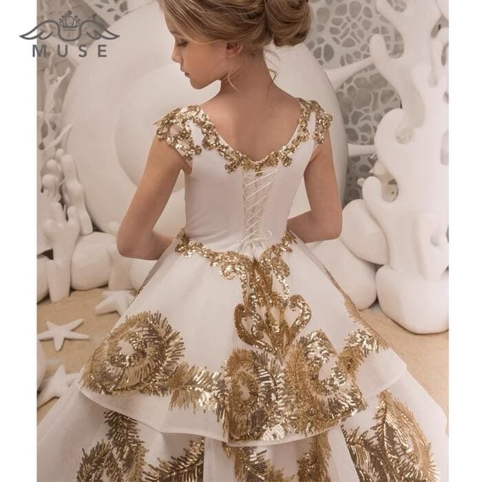 ピアノ発表会 結婚式用 子どもドレス ゴールドデザインプリンセスワンピースドレス