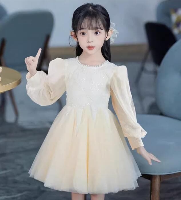ピアノ発表会 結婚式用 子どもドレス パフロングスリーブフレアドレス