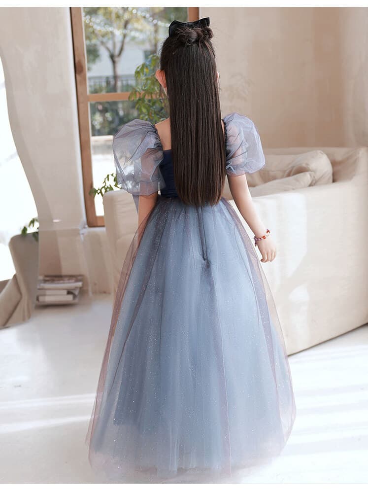 ピアノ発表会 結婚式用 子どもドレス ベルベットトップス パフスリーブチュールドレス