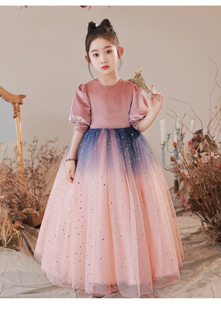 ピアノ発表会 結婚式用 子どもドレス ディズニー ベルベットパフスリーブ グラデーションドレス