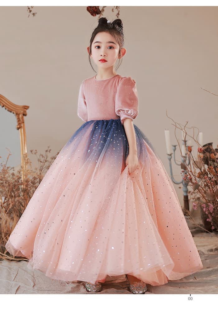 ピアノ発表会 結婚式用 子どもドレス ディズニー ベルベットパフスリーブ グラデーションドレス