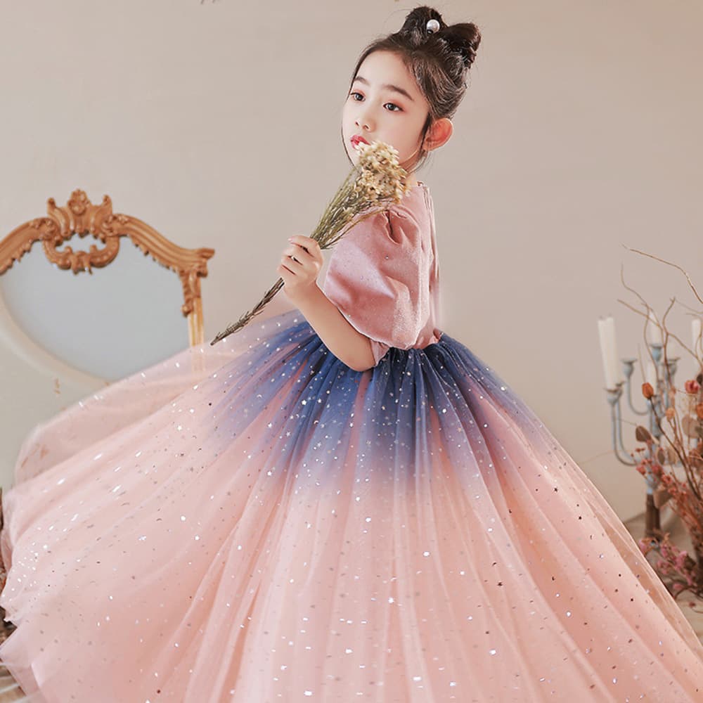 ピアノ発表会 結婚式用 子どもドレス ディズニー ベルベットパフスリーブ グラデーションドレス