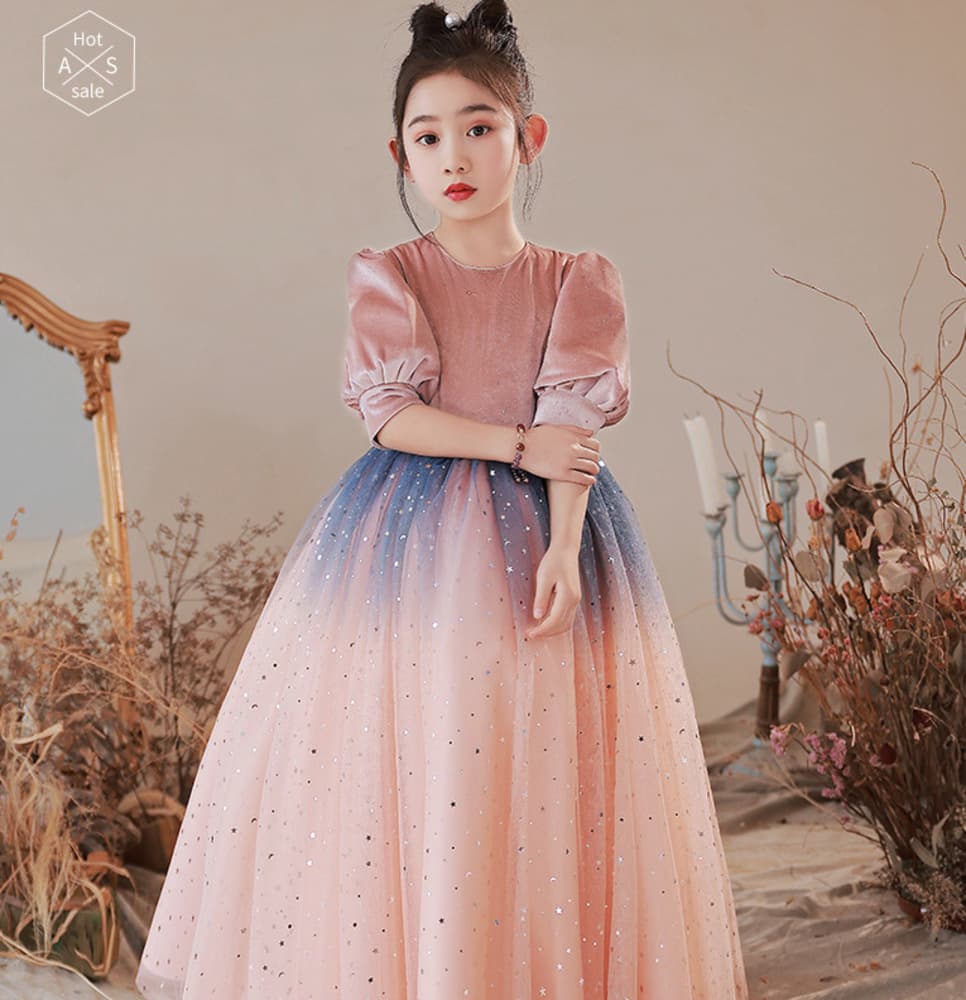 ピアノ発表会 結婚式用 子どもドレス ディズニー ベルベットパフスリーブ グラデーションドレス