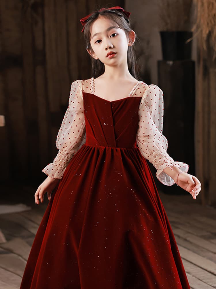 ピアノ発表会 結婚式用 子どもドレス ベルベッドレッドドッドスリーブワンピース
