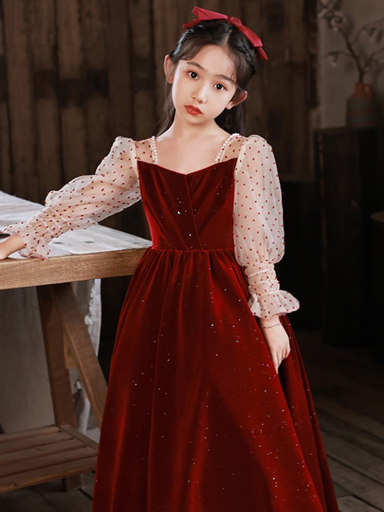 ピアノ発表会 結婚式用 子どもドレス ベルベッドレッドドッドスリーブワンピース