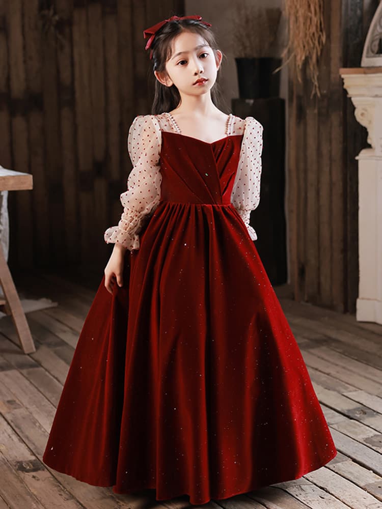 ピアノ発表会 結婚式用 子どもドレス ベルベッドレッドドッドスリーブワンピース