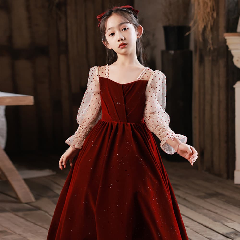 ピアノ発表会 結婚式用 子どもドレス ベルベッドレッドドッドスリーブワンピース