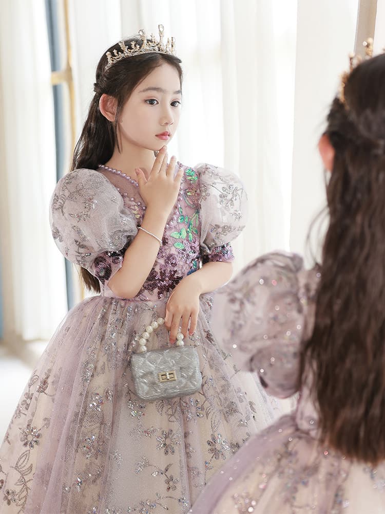 ピアノ発表会 結婚式用 子どもドレス フラワースパンコールパフスリーブキッズドレス