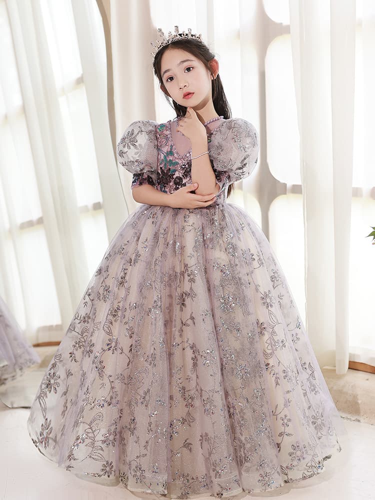 ピアノ発表会 結婚式用 子どもドレス フラワースパンコールパフスリーブキッズドレス