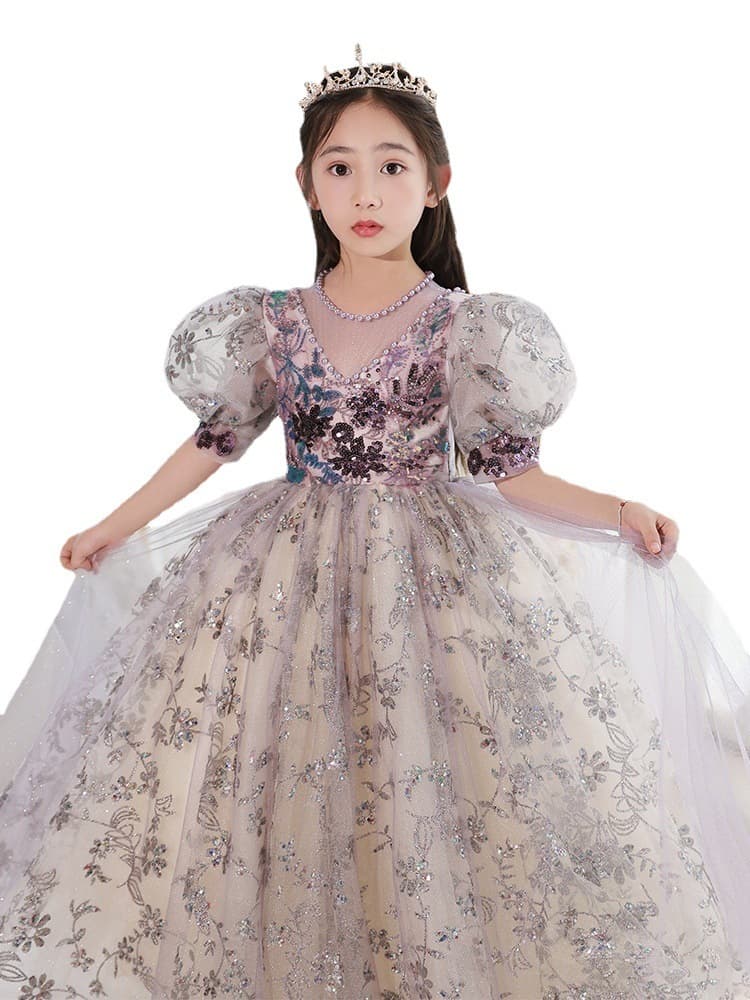 ピアノ発表会 結婚式用 子どもドレス フラワースパンコールパフスリーブキッズドレス