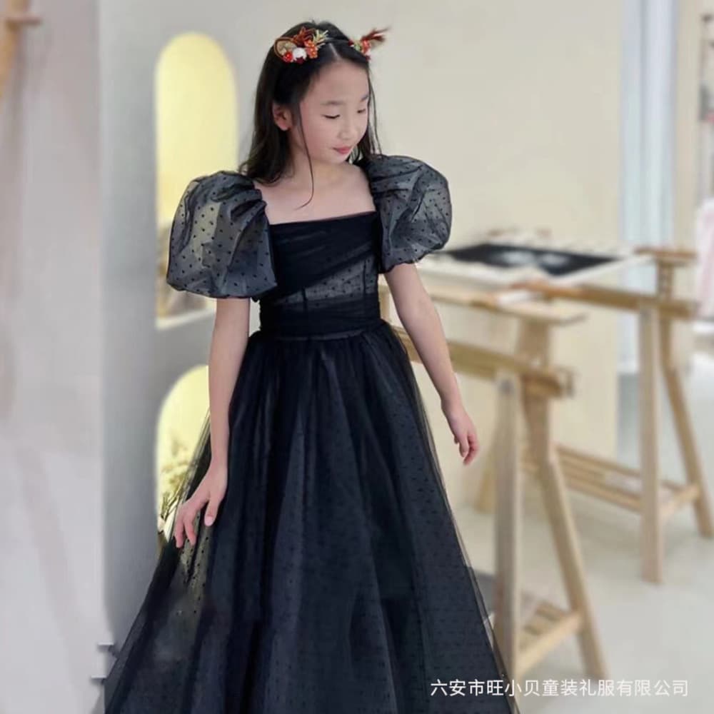 ピアノ発表会 結婚式用 子どもドレス ドッド柄チュールパフスリーブドレス