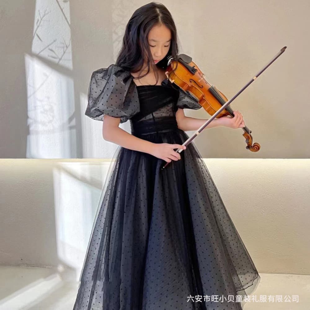 ピアノ発表会 結婚式用 子どもドレス ドッド柄チュールパフスリーブドレス