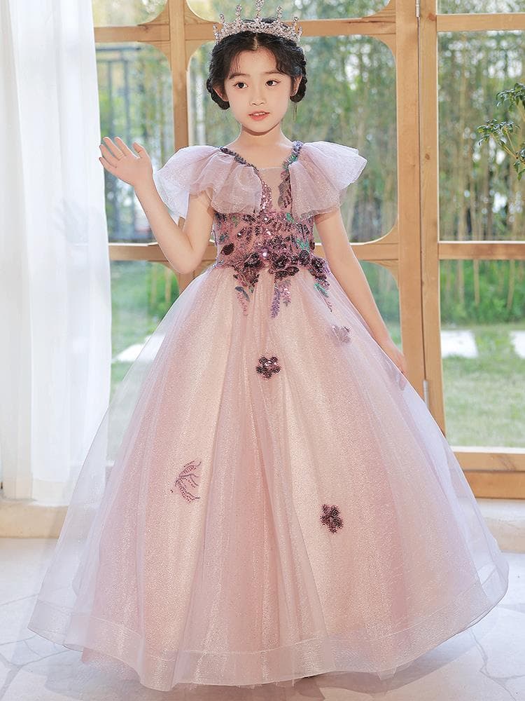 ピアノ発表会 結婚式用 子どもドレス スリーブチュールスパンコール刺繍紫ドレス