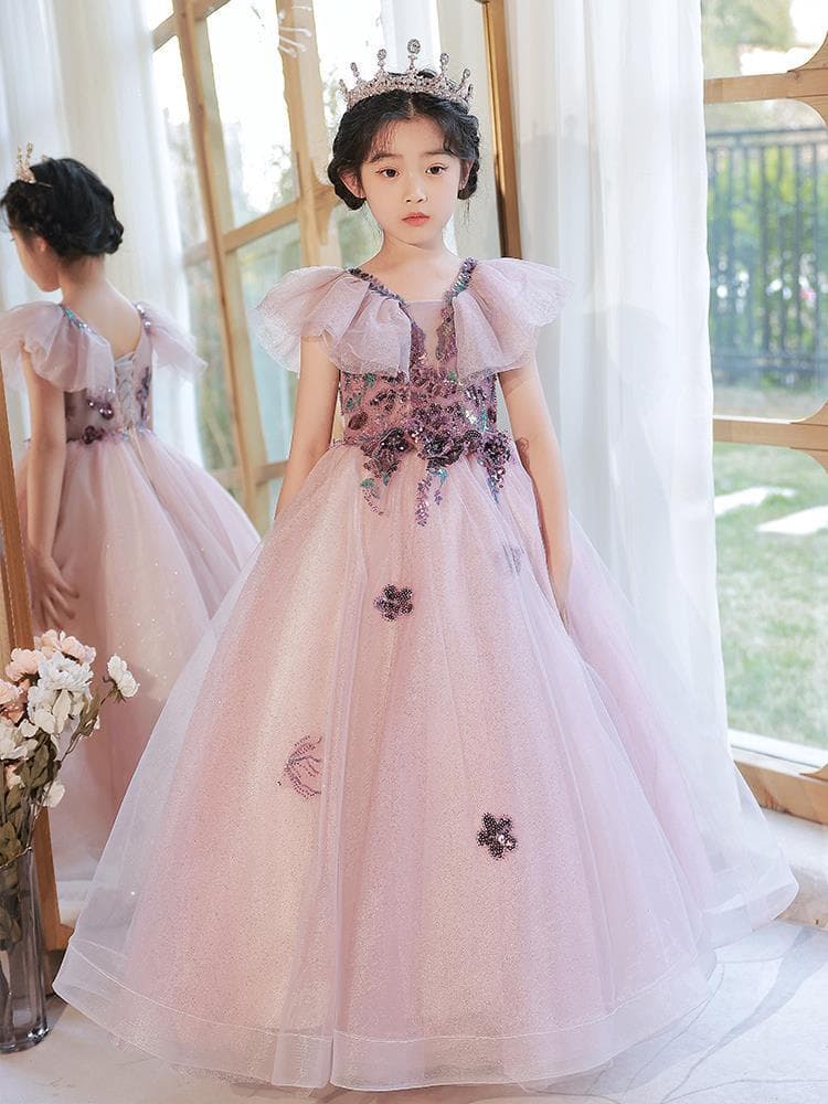 ピアノ発表会 結婚式用 子どもドレス スリーブチュールスパンコール刺繍紫ドレス