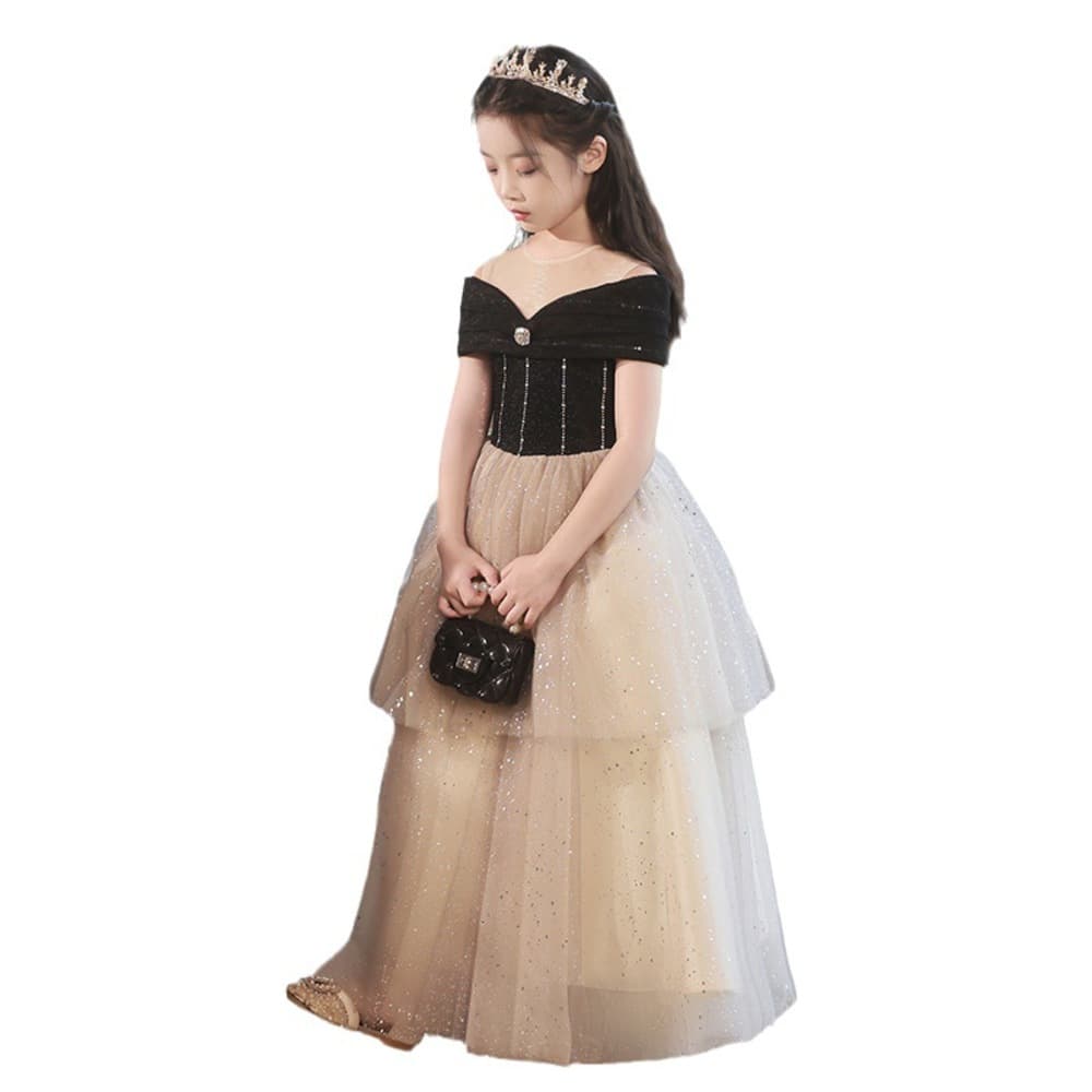 ピアノ発表会 結婚式用 子どもドレス オフショルブラックトップス ベージュチュールドレス