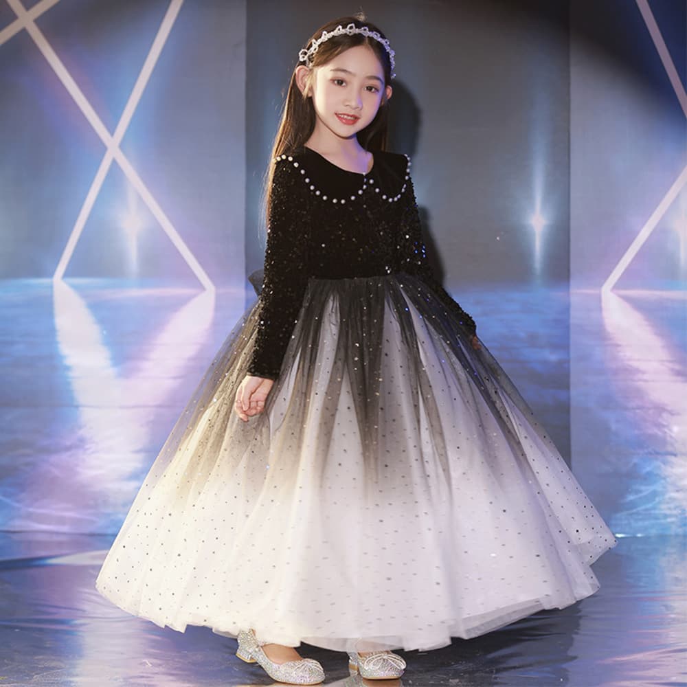 ピアノ発表会 結婚式用 子どもドレス ブラックグラデーション パフロングスリーブドレス
