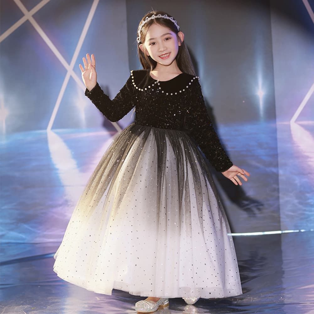 ピアノ発表会 結婚式用 子どもドレス ブラックグラデーション パフロングスリーブドレス