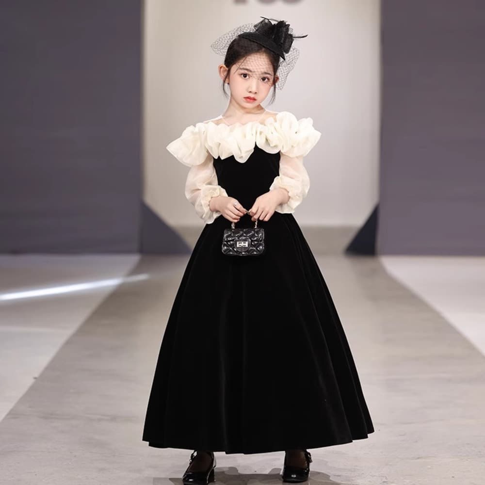 ピアノ発表会 結婚式用 子どもドレス チュールオフショルダー ブラックドレス