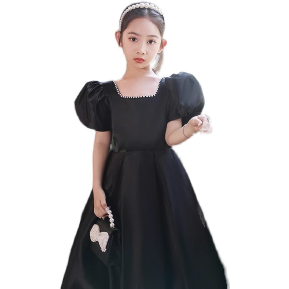 ピアノ発表会 結婚式用 子どもドレス スクエアネックパール パフスリーブ サテンドレス