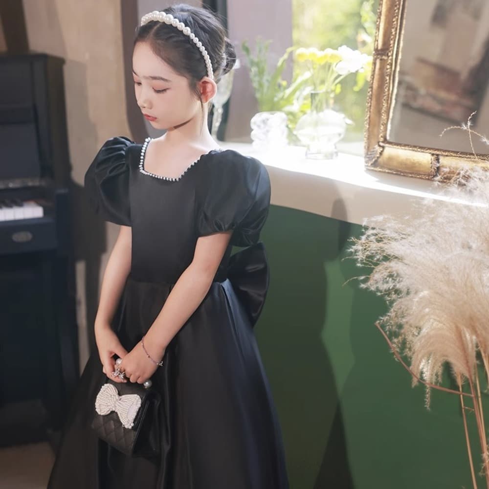 ピアノ発表会 結婚式用 子どもドレス スクエアネックパール パフスリーブ サテンドレス