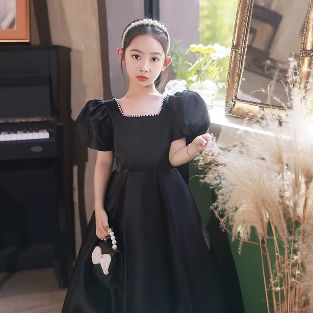 ピアノ発表会 結婚式用 子どもドレス スクエアネックパール パフスリーブ サテンドレス