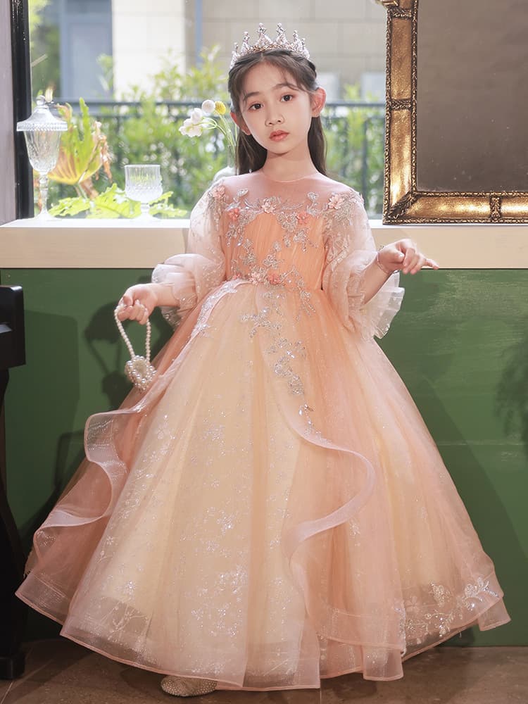 ピアノ発表会 結婚式用 子どもドレス シルバー刺繍 ロングスリーブ ピンクドレス