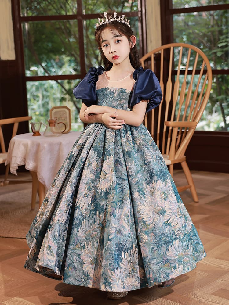 ピアノ発表会 結婚式用 子どもドレス 花柄ネイビードレス