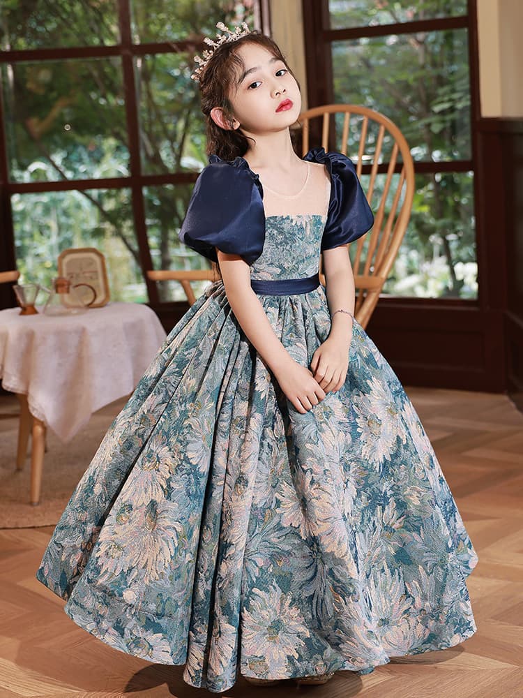 ピアノ発表会 結婚式用 子どもドレス 花柄ネイビードレス