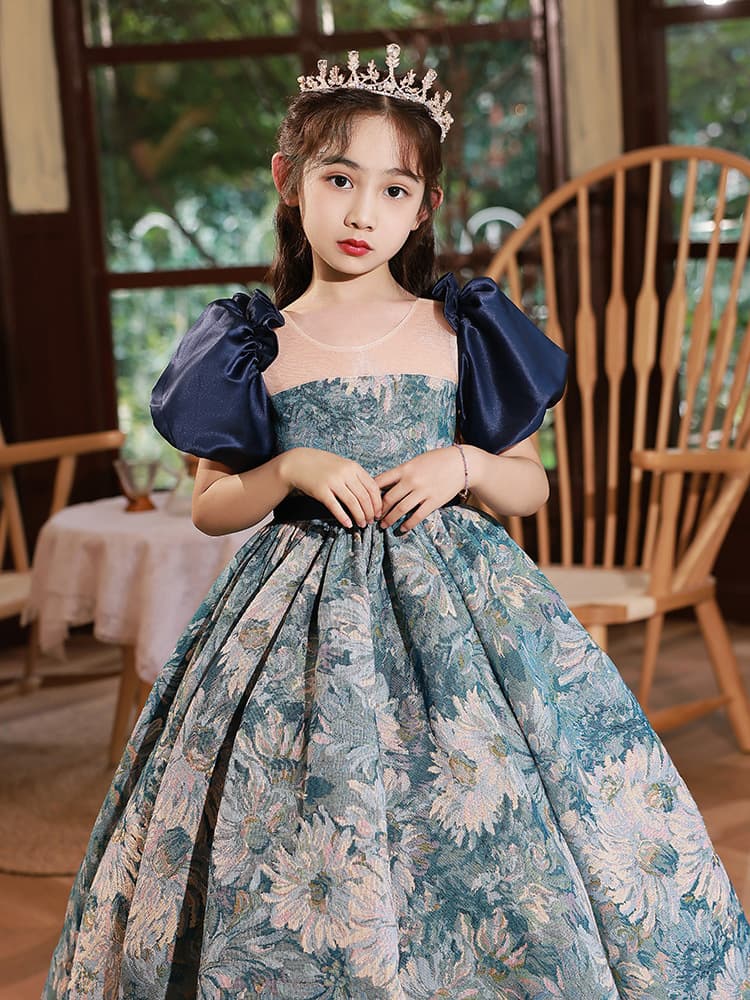 ピアノ発表会 結婚式用 子どもドレス 花柄ネイビードレス