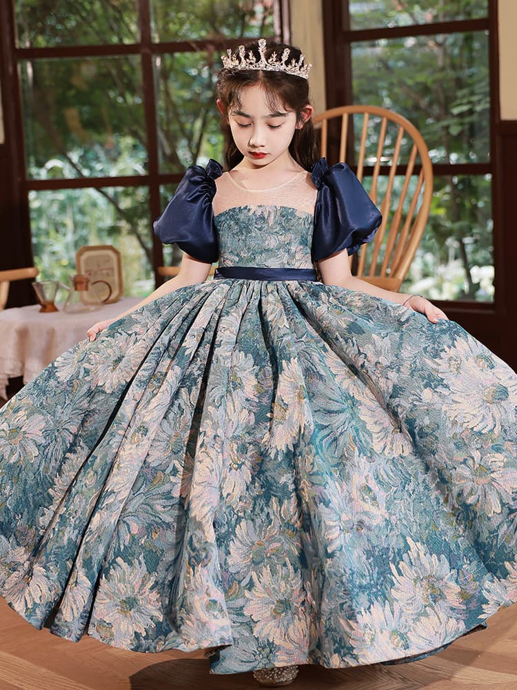 ピアノ発表会 結婚式用 子どもドレス 花柄ネイビードレス