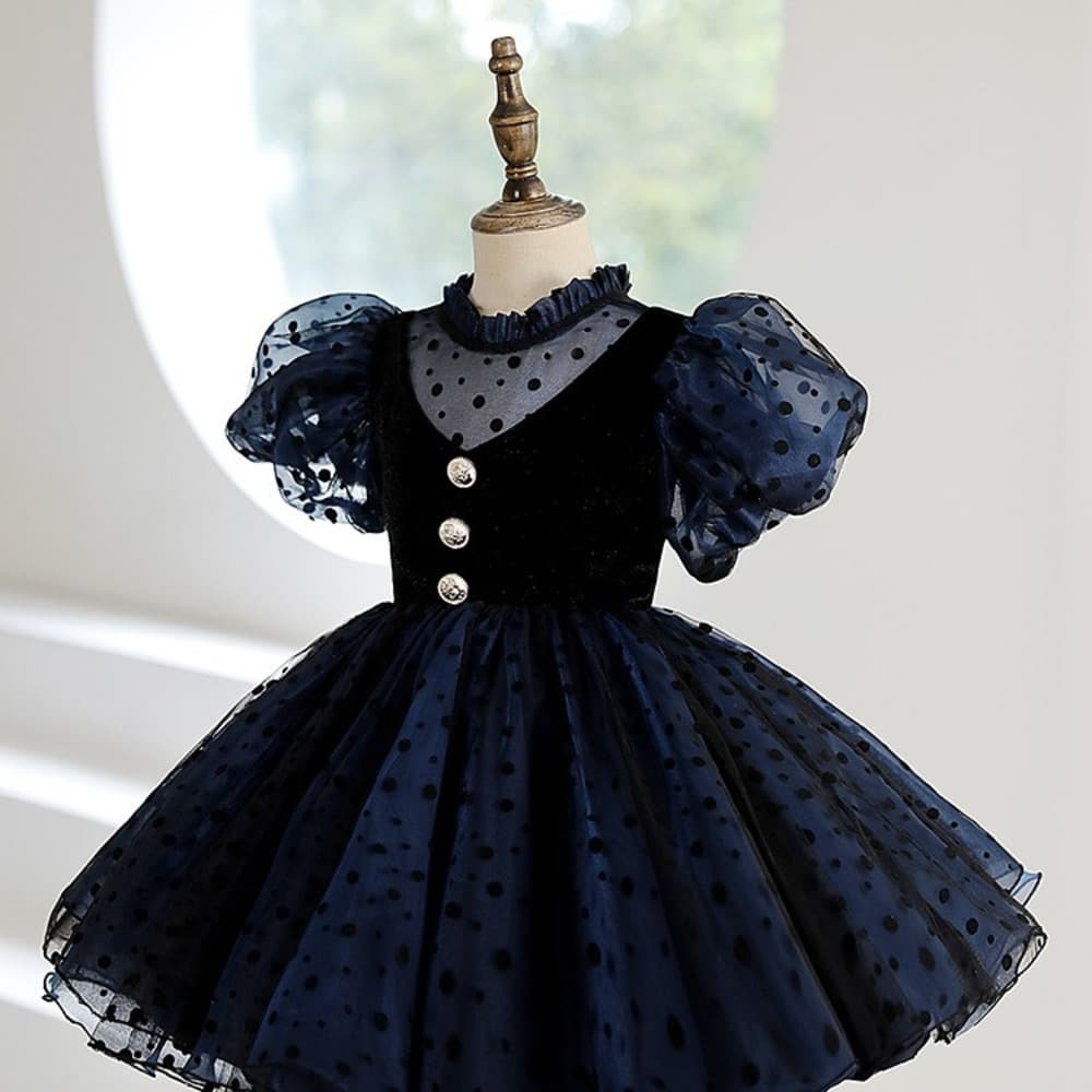 ピアノ発表会 結婚式用 子どもドレス まるボタンドットチュールショートドレス