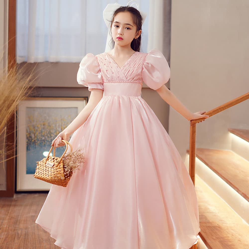 ピアノ発表会 結婚式用 子どもドレス クロストップス サテンピンクキッズドレス