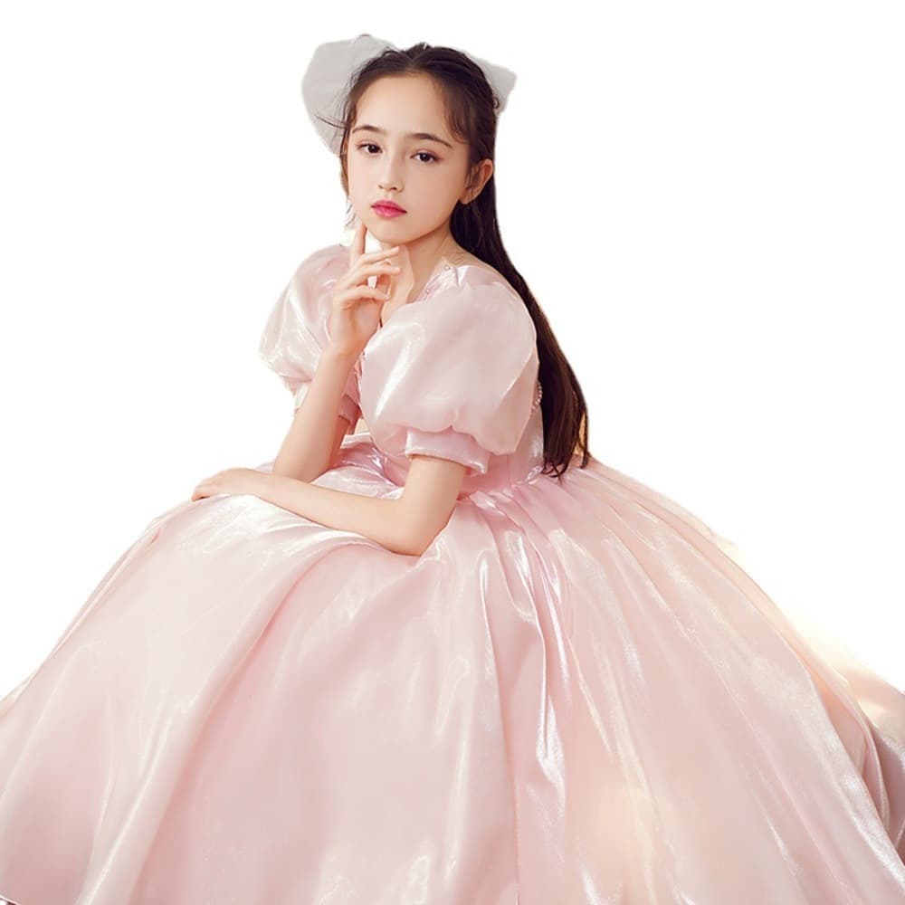 ピアノ発表会 結婚式用 子どもドレス クロストップス サテンピンクキッズドレス