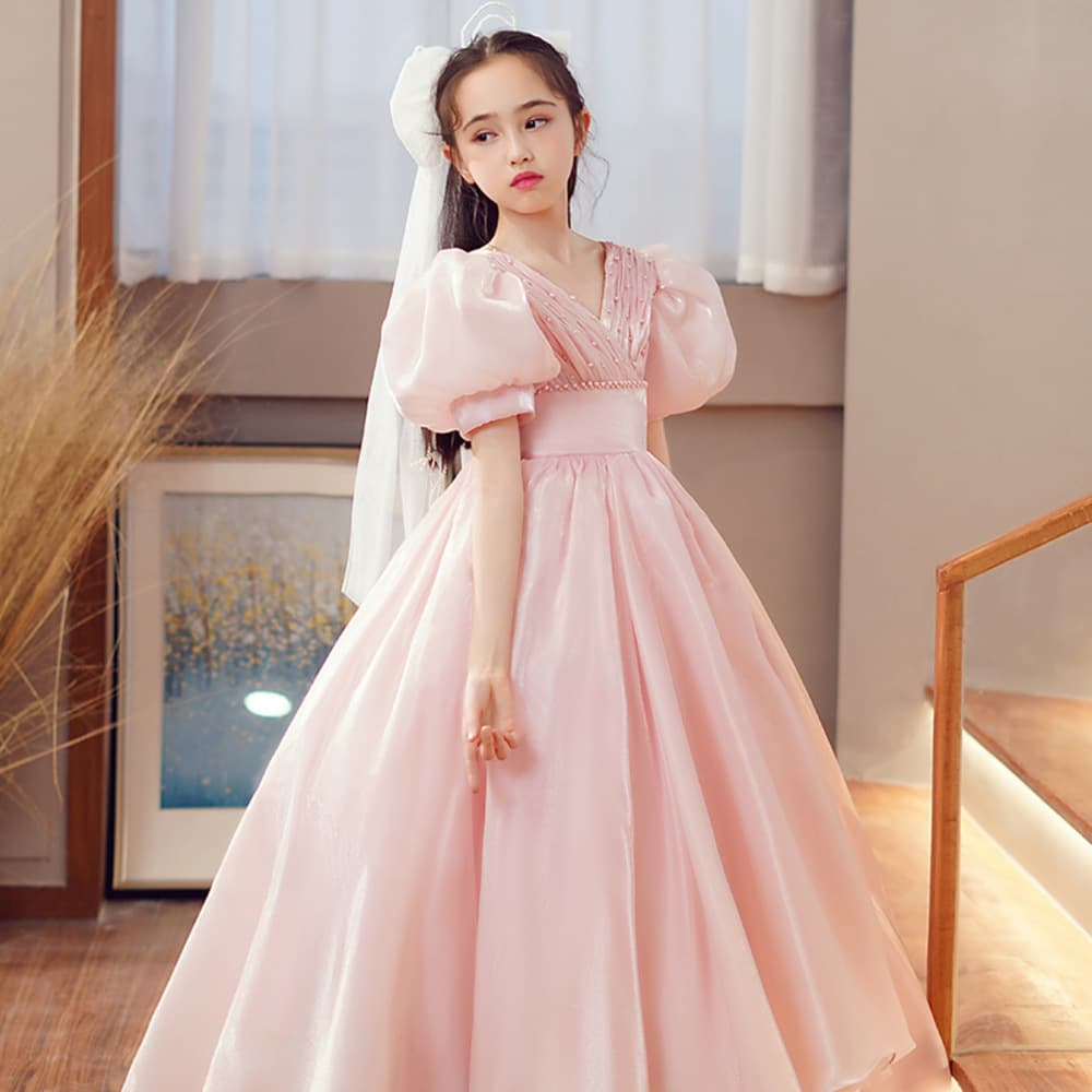 ピアノ発表会 結婚式用 子どもドレス クロストップス サテンピンクキッズドレス