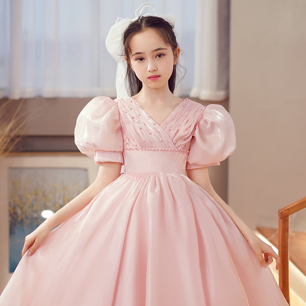 ピアノ発表会 結婚式用 子どもドレス クロストップス サテンピンクキッズドレス