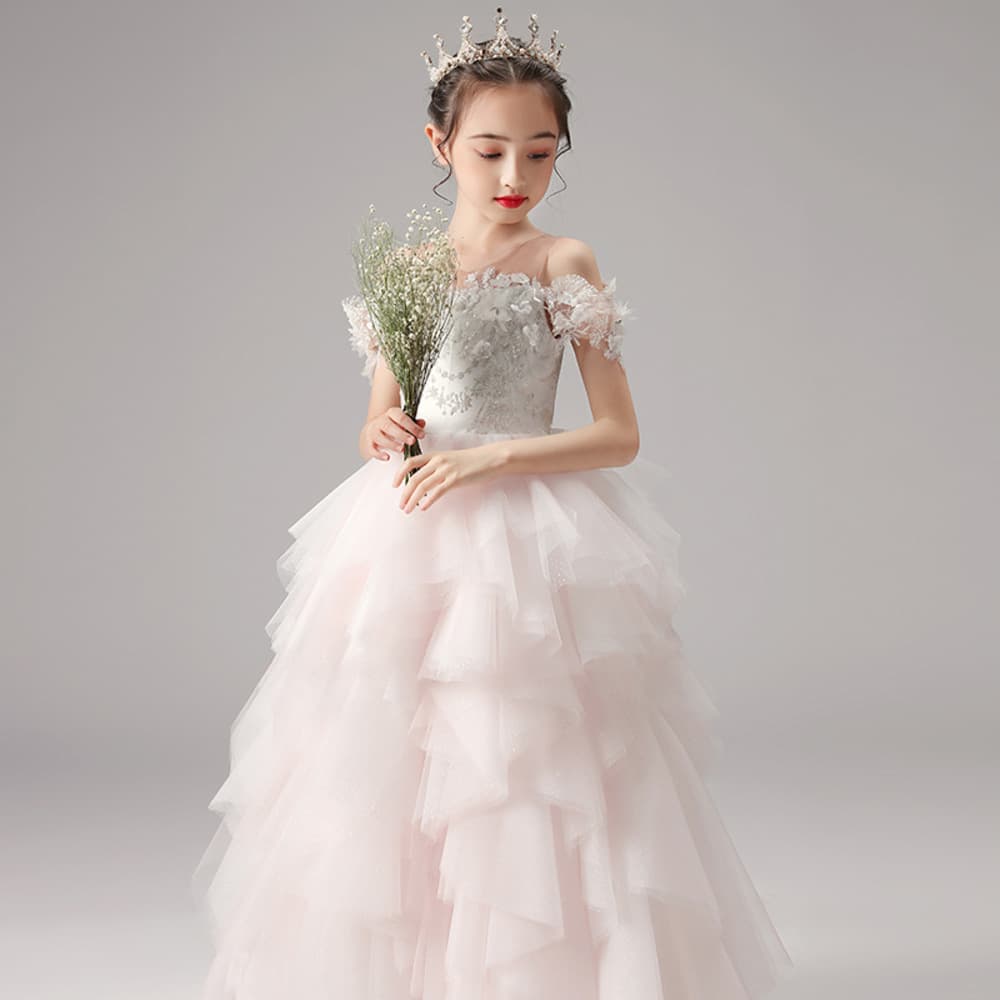 ピアノ発表会 結婚式用 子どもドレス 重なるチュールのホワイトドレス